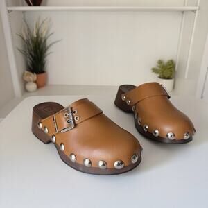 GANNI Retro Leather Studded Platform Clog Mules in Tiger Eye Brown Size 40/10